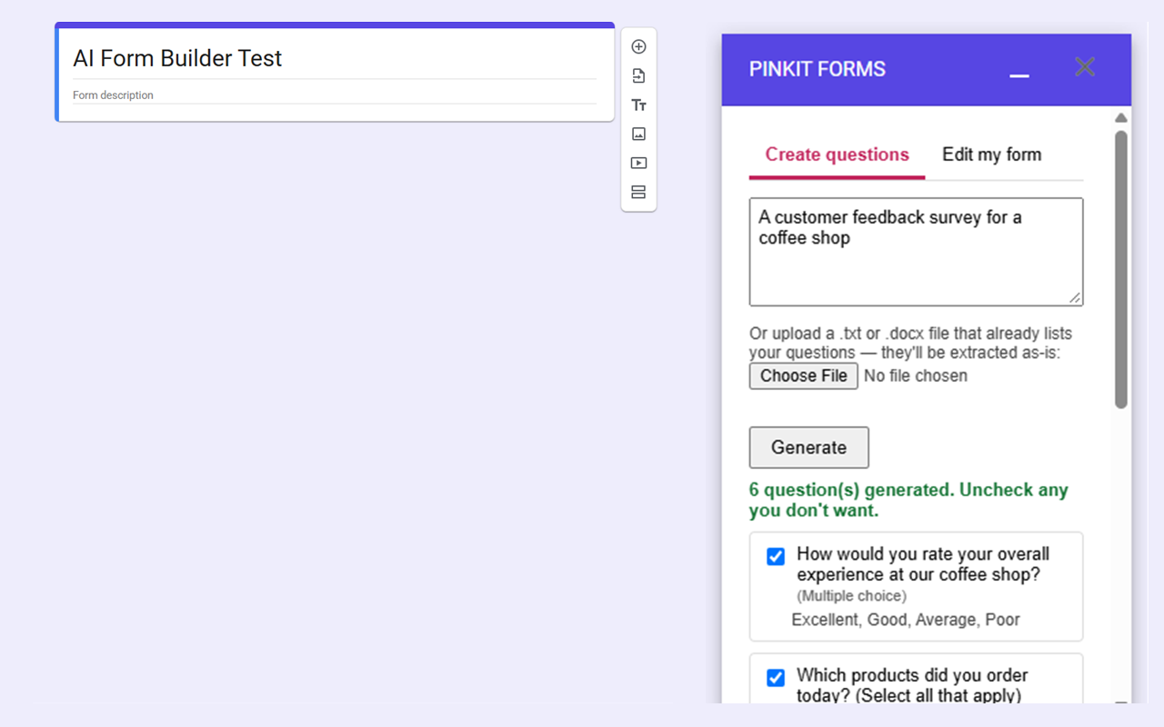 Generated questions listed in the add-on sidebar next to a form