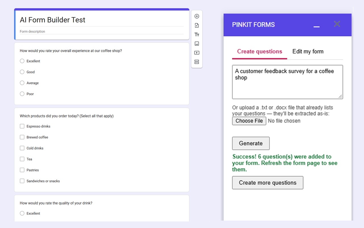 Questions added to a Google Form